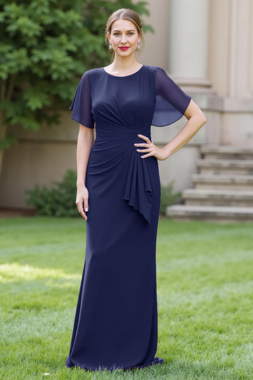 Ruched Sheath Round Neck Long Navy Mother of the Bride Dress with Sash